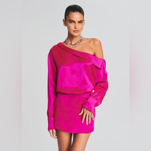 Retrofete Neon Pink Long Sleeve One Shoulder Cuff Elio Shirt Mini Dress XXS - Picture 1 of 10